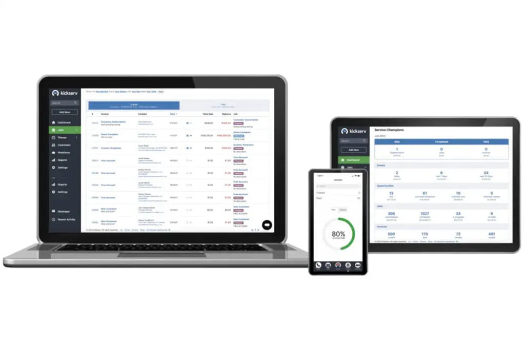KickServ software dashboard displayed on laptop, tablet, and phone showing tools that support electrician description duties.