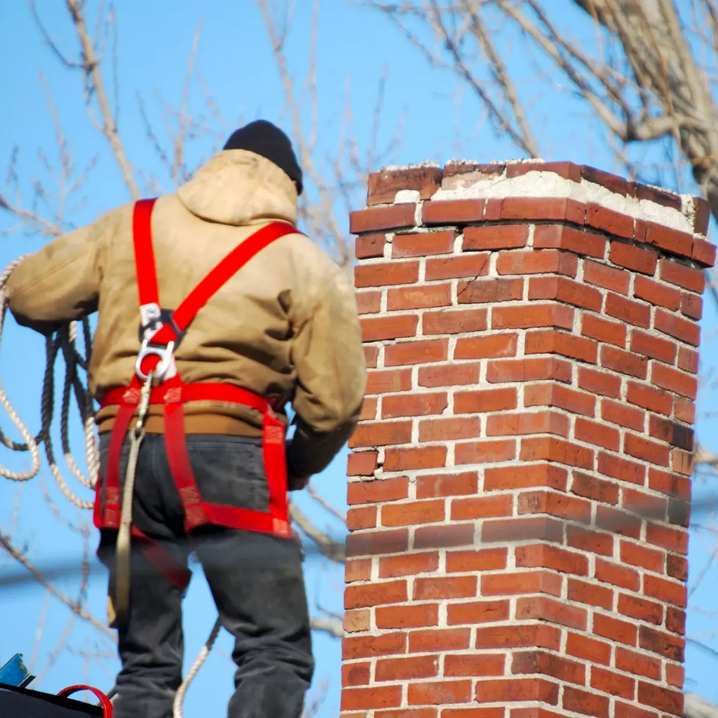 Man on a rooftop fixing chimney