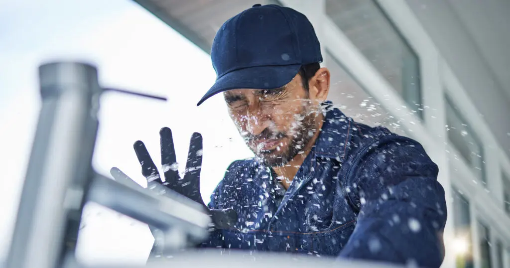 plumber getting squirted in the face