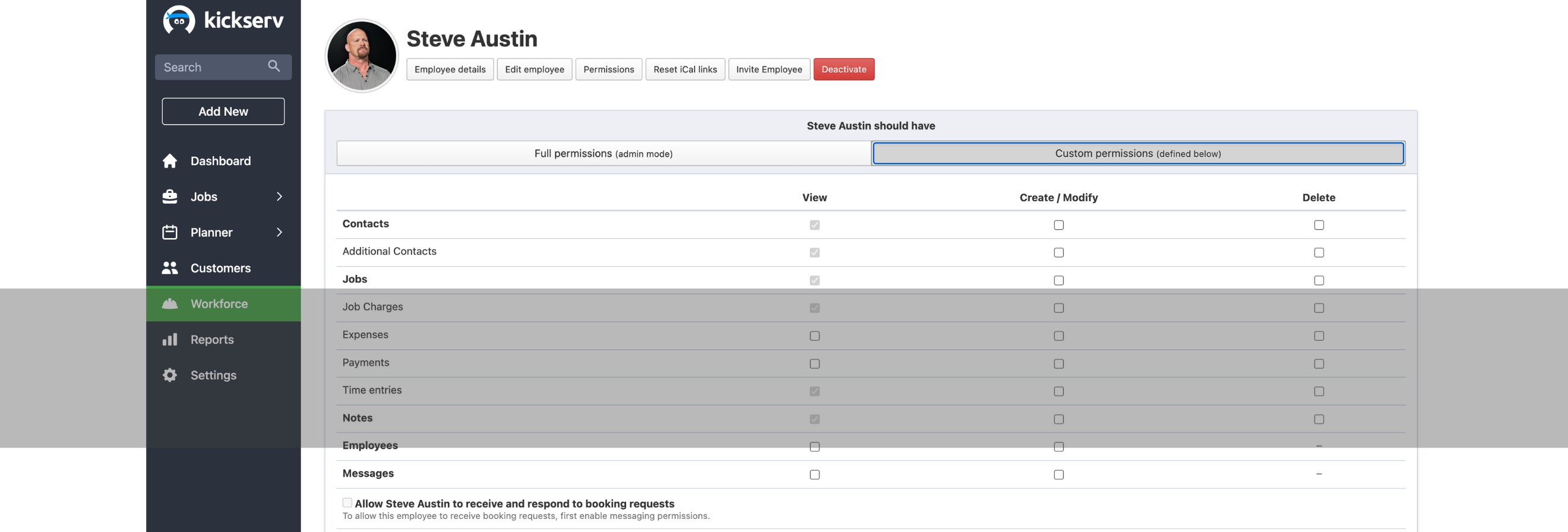 Kickserv employee permissions screenshot