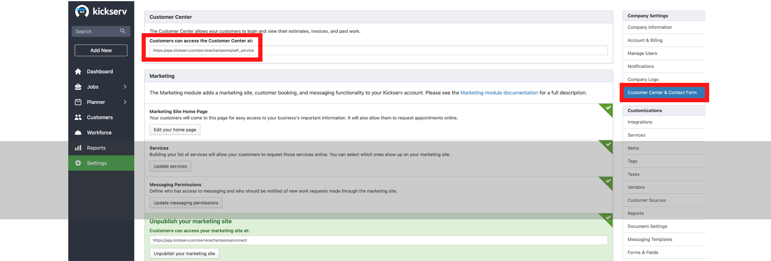 Customer Center Unique URL in Kickserv