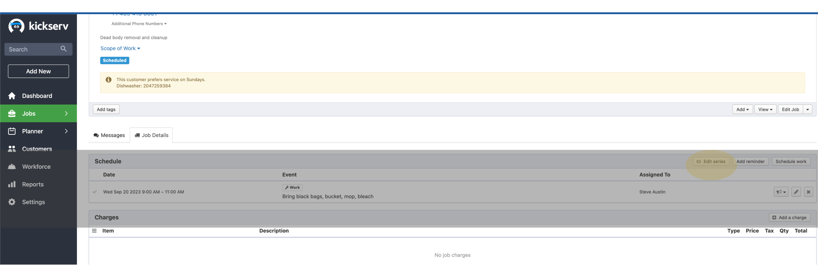Edit Job Series in Kickserv Screenshot