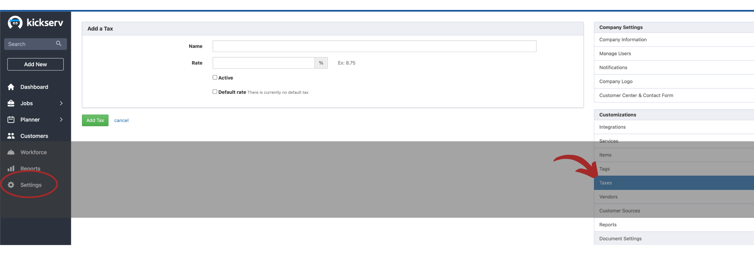 Kickserv Tax List Screenshot