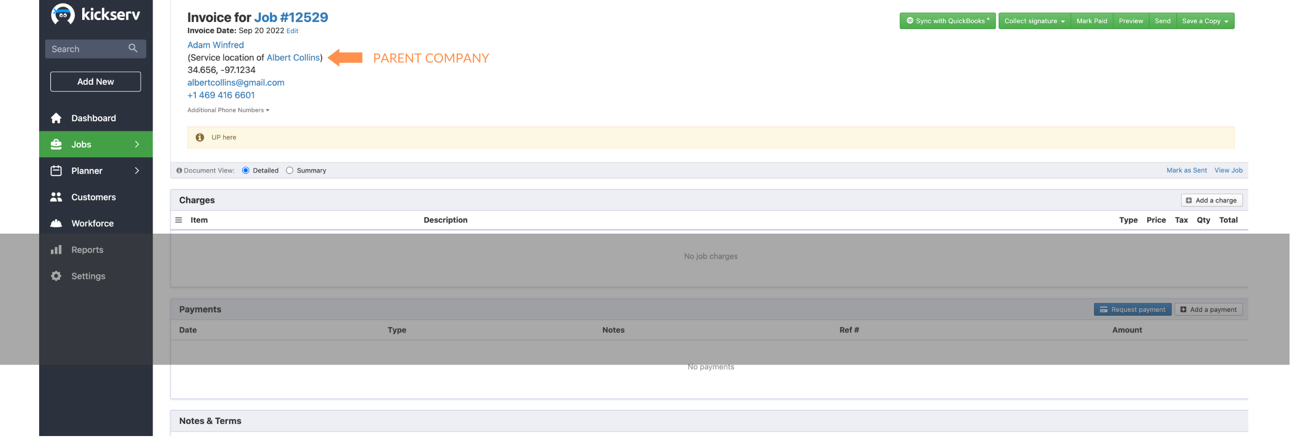 Billing the Parent Company in Kickserv Screenshot