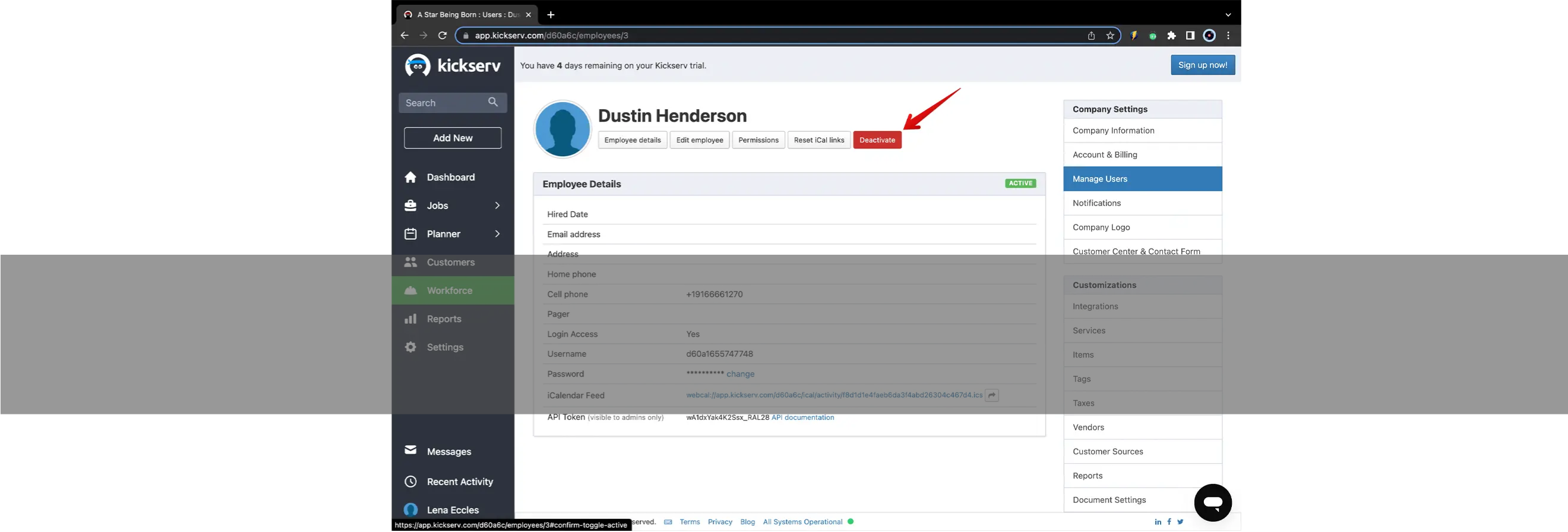 Deactivating a User in Kickserv
