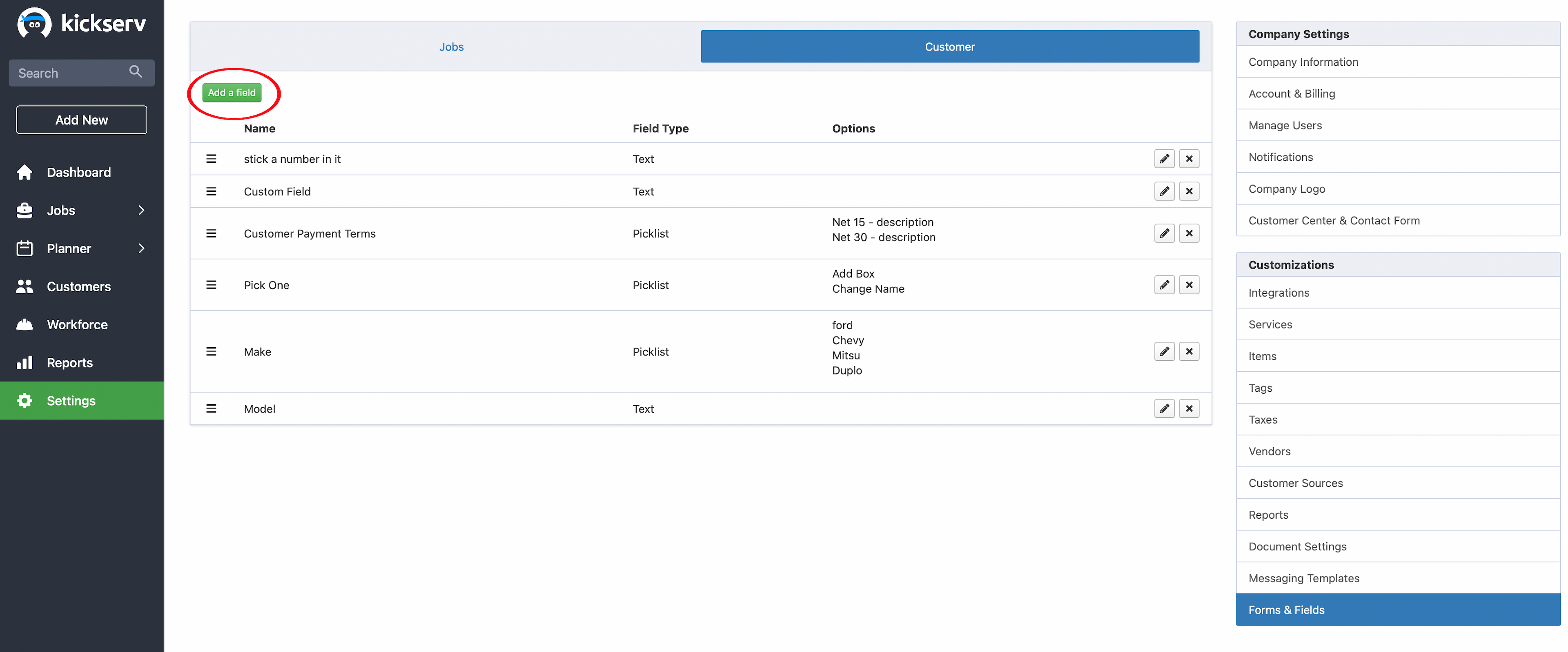 Kickserv Unlimited Custom Fields Screenshot