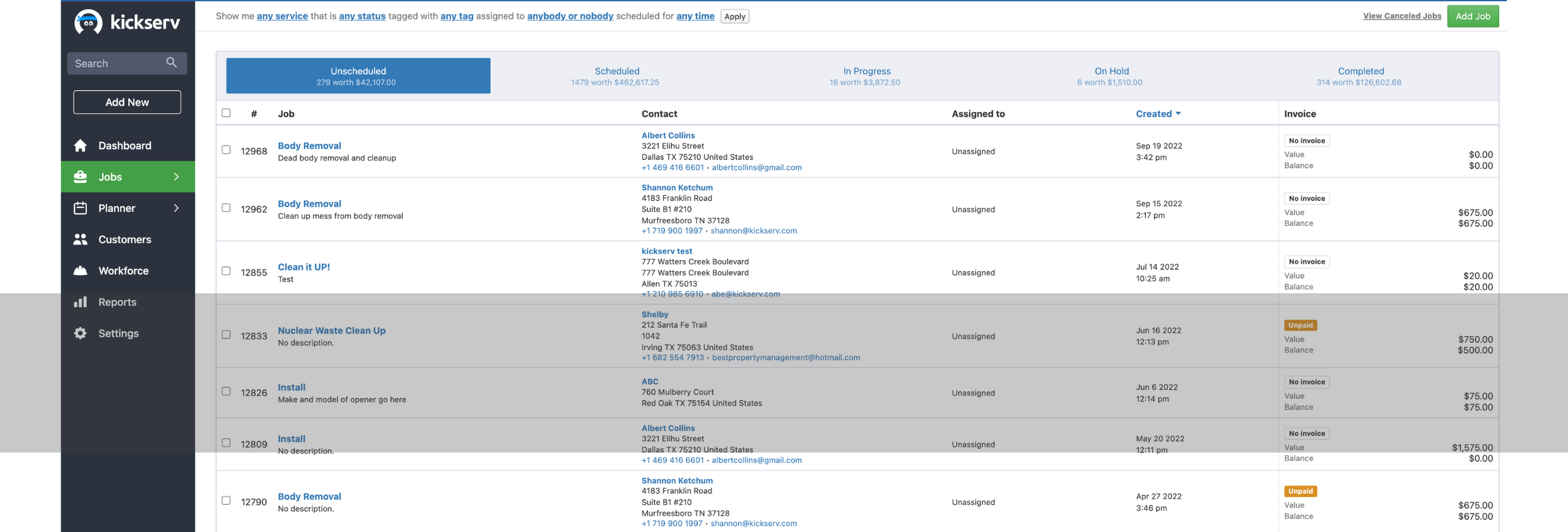 Kickserv Jobs Tab Screenshot