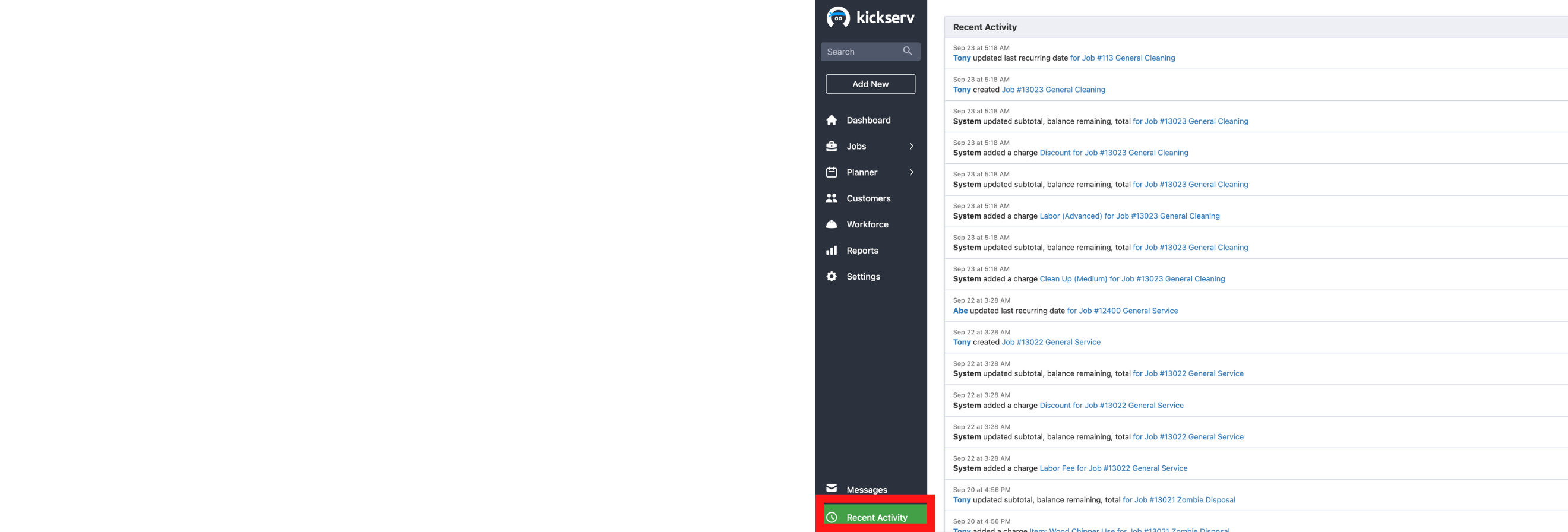 Recent Activity in Kickserv