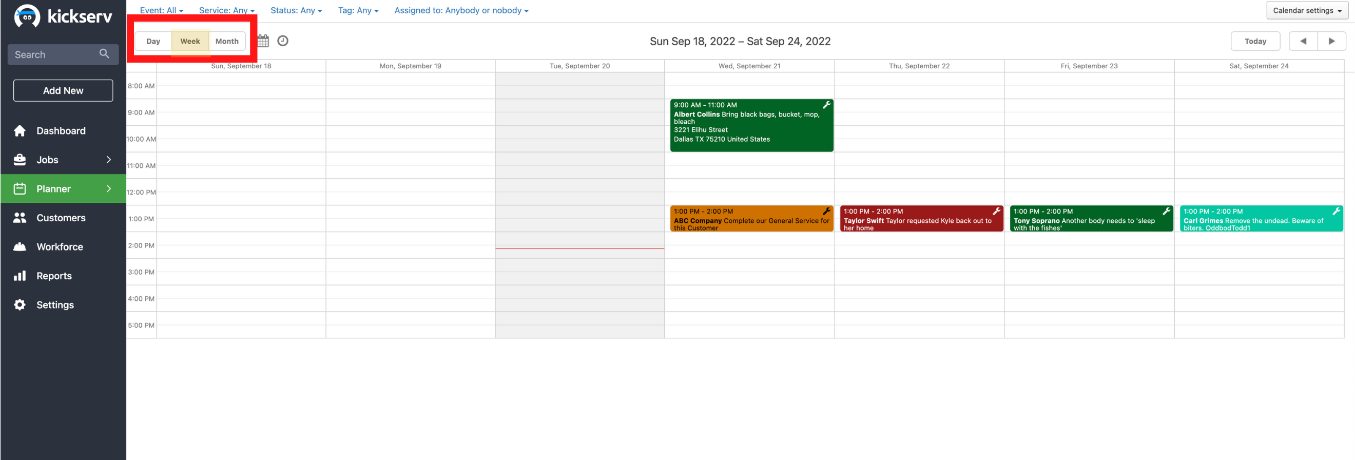 Kickserv Weekly Calendar View Screenshot
