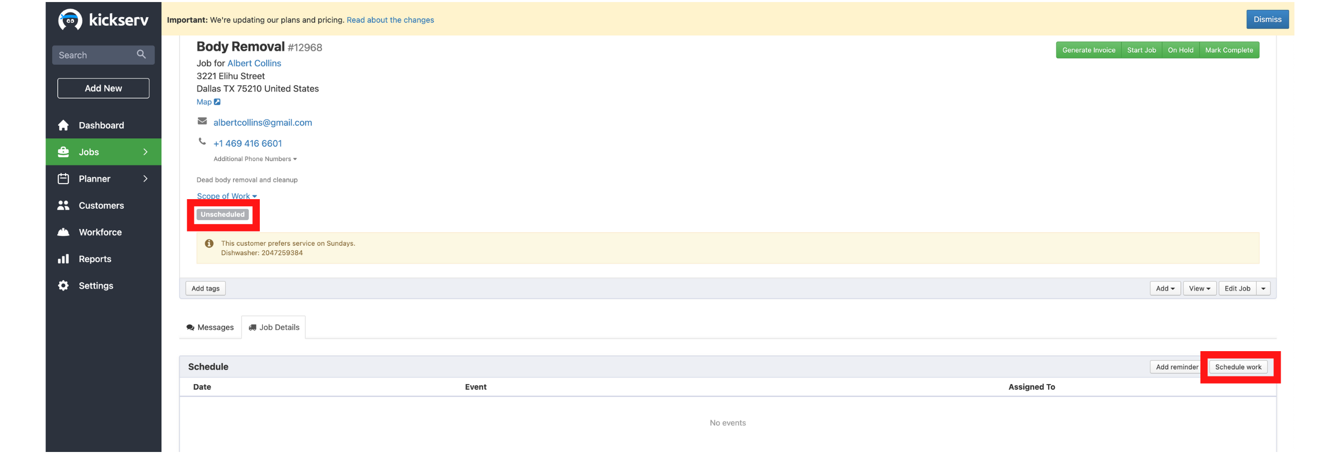 Kickserv Unscheduled Job Screenshot