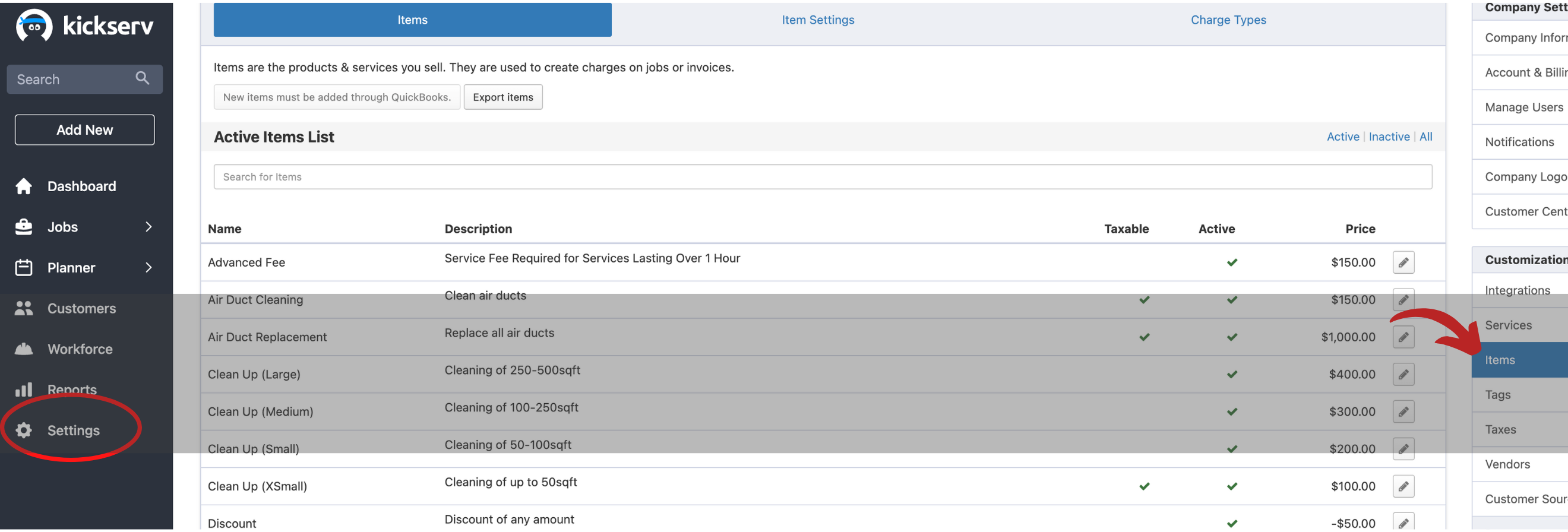 Kickserv Items List Screenshot