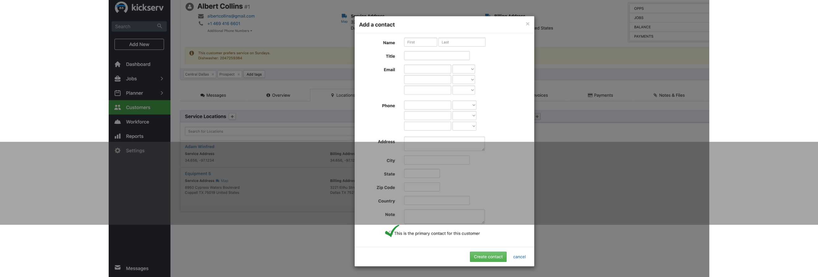 Kickserv primary contact screenshot