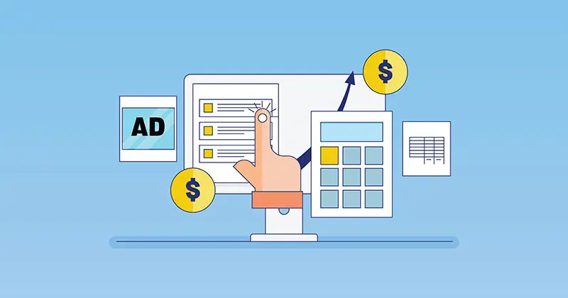 Cartoon with paid advertising-related icons and images