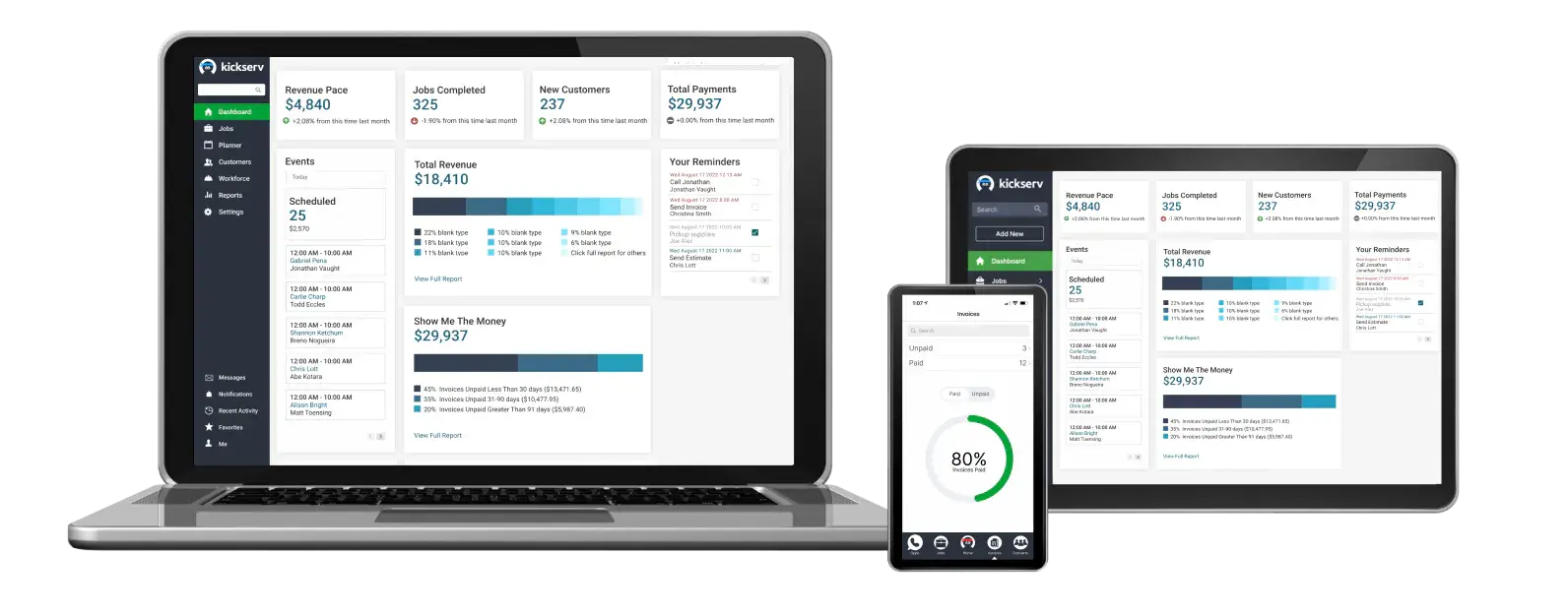Photo of devices with Kickserv app on screen